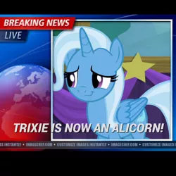 Size: 800x800 | Tagged: alicorn, alicornified, breaking news, cropped, cute, derpibooru import, edit, edited screencap, fake news, news, no second prances, race swap, safe, screencap, solo, text, trixie, trixiecorn