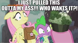 Size: 1032x578 | Tagged: backpack, baked bads, caption, cupcake, derpibooru import, disgusted, edit, edited screencap, editor:useraccount, eww, excessive exclamation marks, fluttershy, food, gross, image macro, meme, mold, muffin, pinkie pie, safe, school raze, screencap, spike, text, vulgar, why