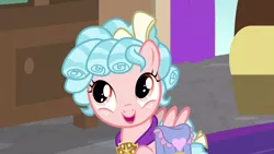 Size: 1280x720 | Tagged: safe, derpibooru import, screencap, cozy glow, pegasus, pony, school raze, bag, bow, cozybetes, cute, facade, female, filly, jewelry, looking up, necklace, saddle bag, solo