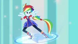 Size: 1920x1080 | Tagged: safe, derpibooru import, screencap, rainbow dash, equestria girls, equestria girls series, forgotten friendship, clothes, leggings, ponied up, ponytail, shoes, sneakers, solo, super sentai stance, wings