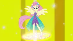 Size: 1920x1080 | Tagged: safe, derpibooru import, screencap, fluttershy, equestria girls, equestria girls series, forgotten friendship, clothes, female, ponied up, solo, spread wings, standing, super ponied up, super sentai stance, wings, yellow