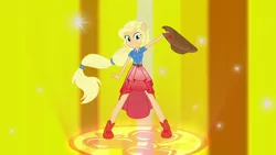 Size: 1920x1080 | Tagged: safe, derpibooru import, screencap, applejack, equestria girls, equestria girls series, forgotten friendship, blonde, clothes, cute, hatless, jackabetes, missing accessory, ponied up, solo, super sentai stance