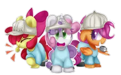 Size: 2900x1800 | Tagged: safe, artist:fluorbaryt, derpibooru import, apple bloom, scootaloo, sweetie belle, pony, adorabloom, baseball cap, cap, cells at work, clothes, cute, cutealoo, cutie mark crusaders, diasweetes, hat, platelets, simple background, transparent background, whistle