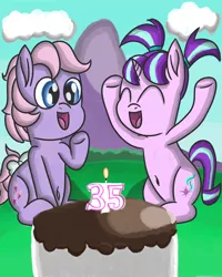 Size: 2400x3000 | Tagged: 35th anniversary, artist:saburodaimando, baby lickety split, belly button, cake, derpibooru import, female, filly, filly starlight glimmer, food, g1, g1 to g4, generation leap, happy birthday mlp:fim, safe, starlight glimmer, younger
