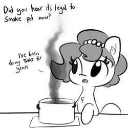 Size: 1280x1280 | Tagged: safe, artist:tjpones, derpibooru import, oc, oc:brownie bun, unofficial characters only, earth pony, pony, horse wife, chest fluff, dialogue, ear fluff, female, grayscale, implied marijuana, mare, monochrome, offscreen character, pot, pun, simple background, smoke, solo, white background