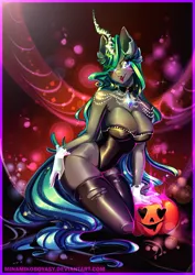 Size: 2893x4092 | Tagged: suggestive, artist:minamikoboyasy, derpibooru import, queen chrysalis, anthro, changeling, breasts, busty queen chrysalis, clothes, gloves, halloween, holiday, leotard, pumpkin, reversalis, socks, stockings, stupid sexy chrysalis, thigh highs, tongue out