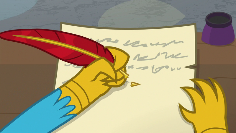 Size: 1280x720 | Tagged: safe, derpibooru import, screencap, gallus, gryphon, school daze, claws, desk, ink, left handed, male, paper, quill, writing, written equestrian