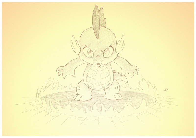 Size: 1042x737 | Tagged: artist:sherwoodwhisper, derpibooru import, dragon, fire, gradient background, male, monochrome, pencil drawing, safe, solo, spike, traditional art