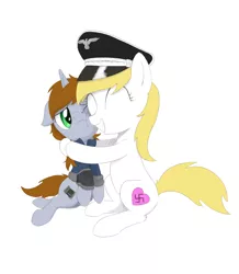 Size: 1240x1425 | Tagged: safe, artist:brisineo, derpibooru import, oc, oc:aryanne, oc:littlepip, earth pony, pony, unicorn, fallout equestria, fanfic, /mlp/, aryan, aryan pony, blonde, clothes, cutie mark, eyes closed, fanfic art, female, floppy ears, grin, happy, hat, hooves, horn, hug, jacket, mare, nazi, nazipone, one eye closed, painted, pipbuck, simple background, sitting, smiling, teeth, vault suit, white background