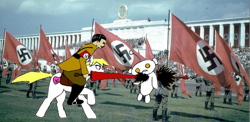 Size: 1500x733 | Tagged: semi-grimdark, artist:anonymous, deleted from derpibooru, derpibooru import, oc, oc:aryanne, earth pony, pony, /mlpol/, adolf hitler, aryan, aryan pony, blonde, blood, celebration, drawthread, flag, germany, impalement, lance, nazi, nazipone, reddit, riding, stadium, swastika, weapon