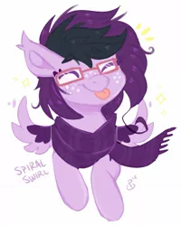 Size: 1353x1693 | Tagged: safe, artist:pixelyte, derpibooru import, oc, oc:spiral swirl, unofficial characters only, pegasus, pony, :p, clothes, eyes closed, freckles, glasses, scarf, silly, simple background, smiling, solo, spread wings, tongue out, white background, wings