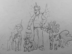 Size: 1280x960 | Tagged: safe, artist:greyscaleart, derpibooru import, princess celestia, princess luna, twilight sparkle, oc, oc:human grey, alicorn, human, pony, unicorn, clothes, costume, halloween, holiday, pumpkin, pumpkin pony, smiling, traditional art