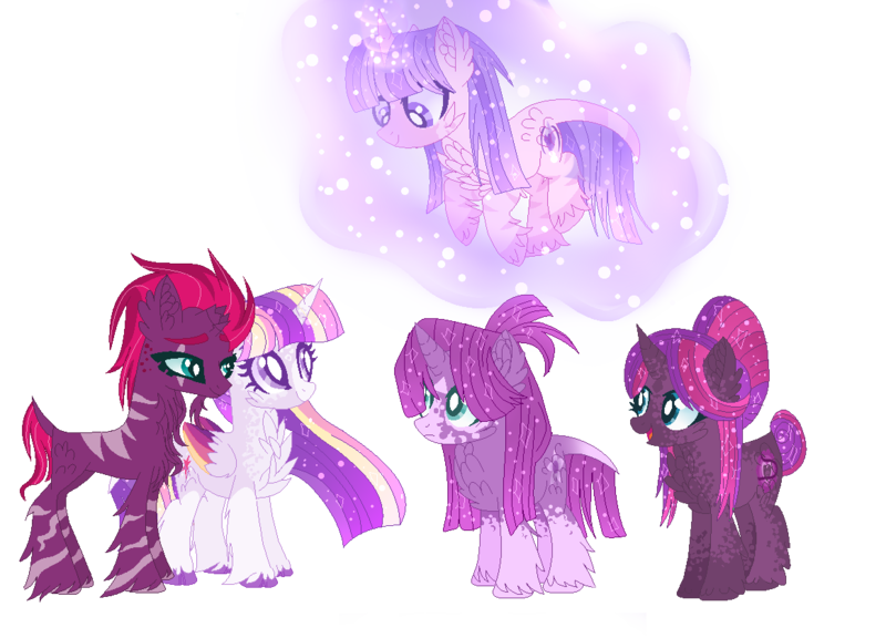 Size: 1164x838 | Tagged: safe, artist:kurosawakuro, artist:selenaede, derpibooru import, tempest shadow, twilight sparkle, twilight sparkle (alicorn), oc, oc:micaela sparkle, oc:midnight sparkle, oc:moonlight sparkle, alicorn, pony, unicorn, alternate design, alternate hairstyle, alternate universe, base used, broken horn, cheek fluff, chest fluff, colored wings, ear fluff, ethereal mane, eye scar, family, female, glowing horn, horn, lesbian, levitation, magic, magical lesbian spawn, male, mare, mother and child, mother and daughter, mother and son, offspring, open mouth, parent:tempest shadow, parent:twilight sparkle, parents:tempestlight, redesign, scar, self-levitation, shipping, siblings, simple background, sisters, starry mane, telekinesis, tempestlight, transparent background, unshorn fetlocks, wall of tags, wings