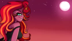 Size: 1280x720 | Tagged: safe, artist:wubcakeva, derpibooru import, sunset shimmer, equestria girls, clothes, fangs, female, looking back, moon, slit eyes, smiling, solo, sunset satan