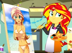 Size: 1011x758 | Tagged: suggestive, artist:uotapo, derpibooru import, edit, edited screencap, screencap, sunset shimmer, eqg summertime shorts, equestria girls, the art of friendship, beach, beach babe, belly button, bicolor swimsuit, bikini, bikini babe, blushing, breasts, busty sunset shimmer, clothes, exploitable meme, female, looking at you, meme, narcissism, orange swimsuit, painting, sexy, side-tie bikini, smiling, solo, string bikini, striped swimsuit, sunset's painting, swimsuit, underass, water