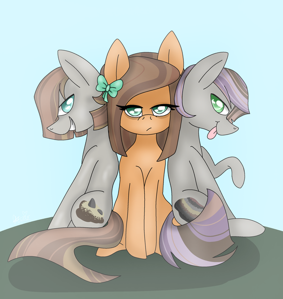 Size: 2668x2819 | Tagged: safe, artist:awoomarblesoda, derpibooru import, oc, oc:coarse dirt, oc:milk chocolate, oc:sedimentary pie, unofficial characters only, earth pony, pony, bow, colt, cousins, female, filly, hair bow, male, offspring, parent:cheese sandwich, parent:maud pie, parent:mud briar, parent:pinkie pie, parents:cheesepie, parents:maudbriar, tongue out, trio, unamused