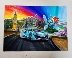 Size: 1080x867 | Tagged: safe, artist:cosmotic1214, derpibooru import, rainbow dash, pegasus, pony, big ben, car, clothes, drift, drifting, elizabeth tower, english, equestria, flying, hypercar, illustration, london mcm expo, mclaren, mclaren 570s, photo, ponyville, rainbow, rainbow trail, road, sky, solo, sunset, supercar, sweet apple acres, traditional art, twilight (astronomy), uniform, united kingdom, westminster, wonderbolt trainee uniform, wonderbolts, wonderbolts uniform