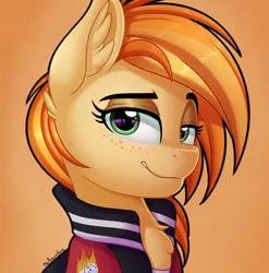 Size: 1380x1399 | Tagged: safe, artist:thegamblehorse, deleted from derpibooru, derpibooru import, oc, oc:parlay, unofficial characters only, earth pony, pony, bust, chest fluff, clothes, ear fluff, female, freckles, jacket, mare, smiling, smirk, solo, varsity jacket