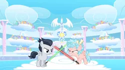 Size: 1564x880 | Tagged: safe, artist:jawsandgumballfan24, derpibooru import, cozy glow, rumble, pegasus, pony, angry, cloud, cloudsdale, colt, cozy glow is not amused, female, filly, foal, jedi, lightsaber, looking at each other, male, sith, star wars, weapon