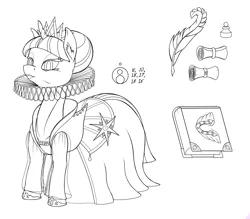 Size: 2000x1751 | Tagged: safe, artist:sepiakeys, derpibooru import, twilight sparkle, alternate hairstyle, book, clothes, crown, dress, ear fluff, elizabethan, inkwell, jewelry, lineart, monochrome, new crown, quill, regalia, ruff (clothing), scroll, solo