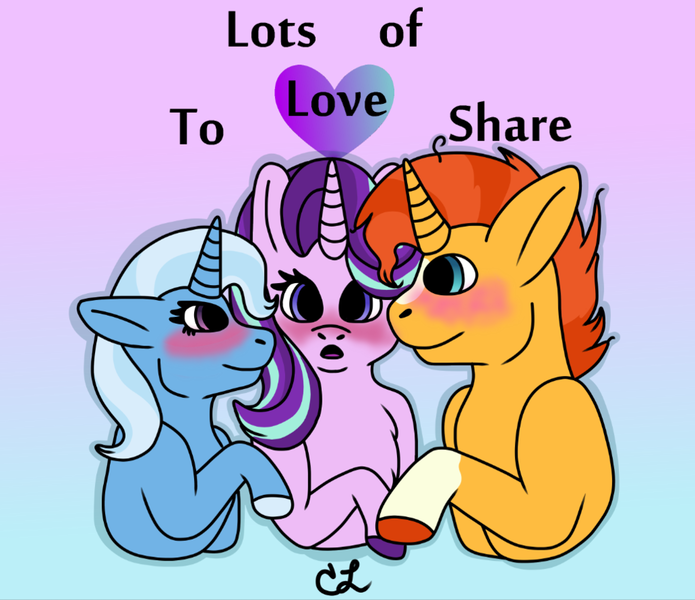 Size: 1024x884 | Tagged: safe, artist:unknown-amnesia, derpibooru import, starlight glimmer, sunburst, trixie, pony, unicorn, bisexual, blushing, colored hooves, female, gradient background, lesbian, male, polyamory, shipping, starburst, startrix, startrixburst, straight