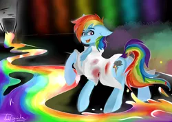 Size: 4961x3508 | Tagged: semi-grimdark, artist:dankpegasista, derpibooru import, rainbow dash, pegasus, pony, fanfic:rainbow factory, clothes, dark, lab coat, liquid rainbow, rainbow, rainbow factory dash, solo, spectra