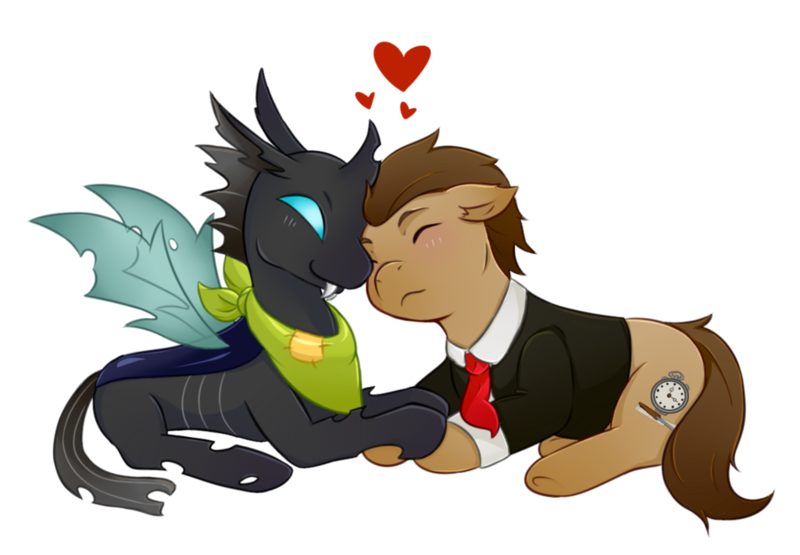 Size: 1024x710 | Tagged: safe, artist:guiltyp, derpibooru import, oc, oc:clock, oc:forge, unofficial characters only, changeling, earth pony, pony, bandana, blushing, clothes, eyes closed, floating heart, gay, heart, male, necktie, prone, simple background, stallion, transparent background