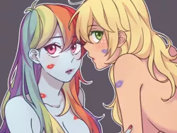 Size: 1000x753 | Tagged: suggestive, alternate version, artist:dcon, derpibooru import, applejack, rainbow dash, human, equestria girls, appledash, breasts, clothes, cropped, female, fetish, humanized, kiss mark, lesbian, lipstick, lipstick fetish, partial nudity, shipping, strategically covered, topless
