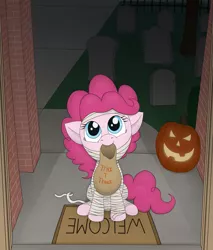 Size: 2643x3109 | Tagged: safe, artist:davinciwolf, derpibooru import, pinkie pie, earth pony, pony, clothes, costume, cute, diapinkes, female, halloween, holiday, jack-o-lantern, mummy, nightmare night, pumpkin, solo, trick or treat