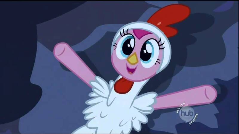 Size: 1280x720 | Tagged: animal costume, bird, chicken, chicken pie, chicken suit, clothes, costume, cute, derpibooru import, diapinkes, hub logo, luna eclipsed, nightmare night costume, pinkie pie, safe, screencap, silhouette, solo focus, twilight sparkle