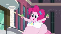 Size: 1024x576 | Tagged: suggestive, artist:jamesawilliams1996, derpibooru import, edit, edited screencap, screencap, pinkie pie, equestria girls, equestria girls series, text support, bbw, belly, big belly, big breasts, breasts, chubby cheeks, clothes, cupcake, cutie mark, cutie mark on clothes, double chin, dress, fat, fat edit, female, food, geode of sugar bombs, huge belly, huge breasts, jalapeño, large belly, magical geodes, obese, open mouth, piggy pie, pudgy pie, smiling, solo, solo female, ssbbw