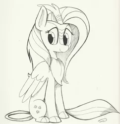 Size: 2492x2579 | Tagged: safe, artist:taurson, derpibooru import, fluttershy, kirin, winged kirin, sounds of silence, black and white, chest fluff, cloven hooves, cute, female, folded wings, grayscale, inktober, inktober 2018, kirin fluttershy, kirinbetes, kirinified, leonine tail, looking sideways, mare, monochrome, sitting, smiling, solo, species swap, wings