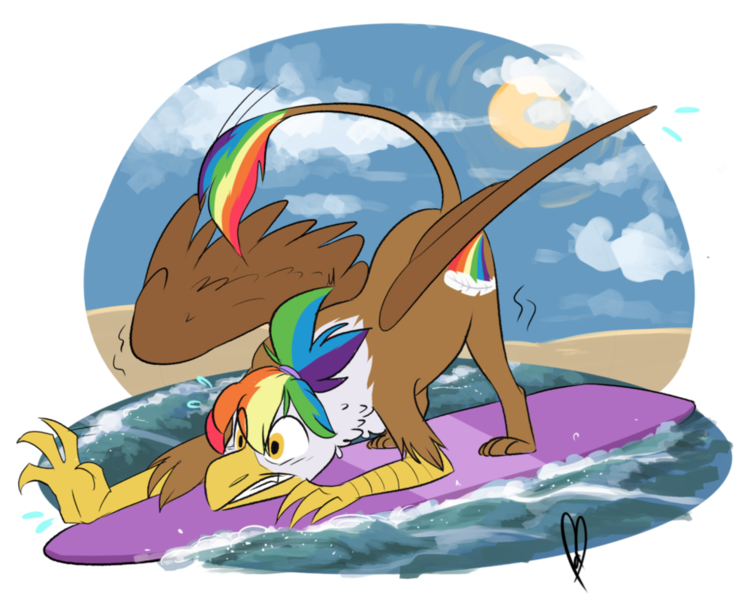 Size: 999x799 | Tagged: safe, artist:maxiima, derpibooru import, oc, oc:rainbow feather, unofficial characters only, gryphon, hippogriff, interspecies offspring, magical lesbian spawn, offspring, parent:gilda, parent:rainbow dash, parents:gildash, simple background, solo, sun, surfboard, surfing, transparent background, unbalanced, water