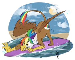 Size: 999x799 | Tagged: safe, artist:maxiima, derpibooru import, oc, oc:rainbow feather, unofficial characters only, gryphon, hippogriff, interspecies offspring, magical lesbian spawn, offspring, parent:gilda, parent:rainbow dash, parents:gildash, simple background, solo, sun, surfboard, surfing, transparent background, unbalanced, water