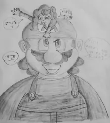 Size: 1080x1213 | Tagged: safe, derpibooru import, pinkie pie, equestria girls, crossover, crossover shipping, female, macro, male, mario, mariopie, micro, shipping, straight, super mario bros., traditional art