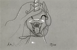 Size: 2000x1314 | Tagged: artist:theandymac, bust, cake, cakelestia, derpibooru import, drool, eyes closed, food, fork, human teeth, inktober, inktober 2018, mawshot, monochrome, open mouth, princess celestia, safe, solo, traditional art