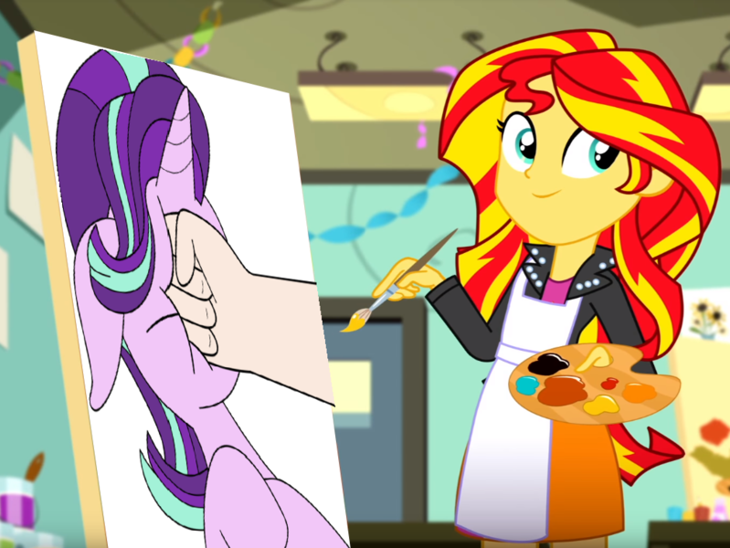 Size: 1010x758 | Tagged: safe, derpibooru import, starlight glimmer, sunset shimmer, pony, unicorn, eqg summertime shorts, equestria girls, the art of friendship, abuse, background pony strikes again, cute, downvote bait, drama, fist, floppy ears, glimmerbuse, meme, painting, punch, shimmerbetes, starlight drama, sunset's painting
