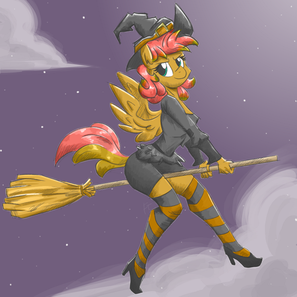 Size: 1200x1200 | Tagged: anthro, anthro oc, artist:flutterthrash, broom, clothes, derpibooru import, female, flying, flying broomstick, halloween, hat, high heels, holiday, oc, oc:aurie startrail, pegasus, safe, shoes, smiling, socks, solo, stockings, striped socks, striped stockings, thigh highs, unofficial characters only, witch, witch hat