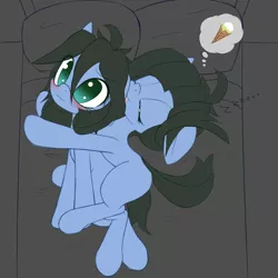 Size: 1280x1280 | Tagged: safe, artist:an-m, derpibooru import, oc, oc:abstract module, oc:reflect decrypt, unofficial characters only, earth pony, pony, 3:, :p, bed, blushing, dream, female, floppy ears, food, hug, ice cream, ice cream cone, licking, mare, mlem, onomatopoeia, scrunchy face, side, silly, sleeping, smiling, sound effects, thought bubble, tongue out, twins, wavy mouth, wide eyes, zzz