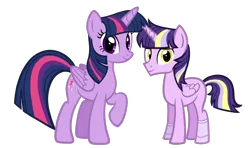 Size: 1584x936 | Tagged: safe, artist:thecheeseburger, derpibooru import, twilight sparkle, twilight sparkle (alicorn), oc, alicorn, alicorn oc, amputee, broken horn, clone, female, horn, image, male, mare, parent:twilight sparkle, png, prosthetic limb, prosthetics, simple background, stallion, story in the source, transparent background, wings, yellow eyes