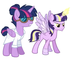 Size: 1800x1440 | Tagged: safe, artist:thecheeseburger, derpibooru import, sci-twi, twilight sparkle, twilight sparkle (alicorn), oc, alicorn, pony, alicorn oc, alternate universe, amputee, artificial wings, augmented, broken horn, clothes, female, goggles, hair bun, horn, lab coat, mad scientist, magic, male, mare, prosthetic limb, prosthetic wing, prosthetics, scitwilicorn, simple background, stallion, transparent background, wings, yellow eyes