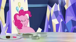 Size: 1024x576 | Tagged: safe, artist:jamesawilliams1996, derpibooru import, edit, edited screencap, screencap, pinkie pie, earth pony, pony, father knows beast, arm behind head, belly, big belly, crumbs, eating, eyes closed, fat, fat edit, female, food, food baby, friendship throne, frosting, huge belly, leaning back, mare, obese, pie tin, piggy pie, pudgy pie, relaxing, smiling, solo, stuffed, stuffing, throne, throne room, twilight's castle