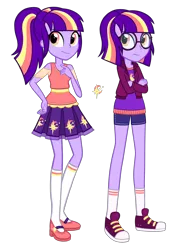 Size: 1872x2664 | Tagged: safe, artist:thecheeseburger, derpibooru import, oc, oc:sundown twinkle, unofficial characters only, equestria girls, alternate universe, clothes, converse, female, glasses, orange eyes, ponytail, purple hair, shoes, simple background, transparent background