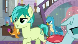 Size: 1280x720 | Tagged: safe, derpibooru import, screencap, gallus, ocellus, sandbar, smolder, changedling, changeling, dragon, earth pony, pony, school daze, chest fluff, cutie mark, female, grin, male, school of friendship, smiling, teenager