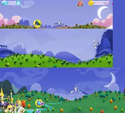 Size: 818x742 | Tagged: canterlot, castle, cloud, crescent moon, derpibooru import, gameloft, halloween, hill, holiday, month, moon, night, ponyville, safe, sweet apple acres