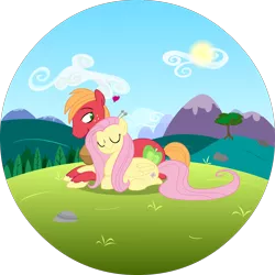 Size: 2048x2048 | Tagged: safe, artist:egophiliac, color edit, derpibooru import, edit, big macintosh, fluttershy, earth pony, pegasus, pony, colored, colored pupils, eyes closed, female, floating heart, fluttermac, heart, male, mare, ponyloaf, prone, shipping, simple background, stallion, straight, transparent background