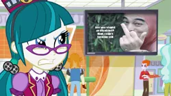 Size: 719x402 | Tagged: safe, derpibooru import, edit, edited screencap, screencap, heath burns, juniper montage, valhallen, equestria girls, mirror magic, spoiler:eqg specials, angry, background human, dank memes, filthy frank, meme, middle finger, pink guy, shitposting, vulgar