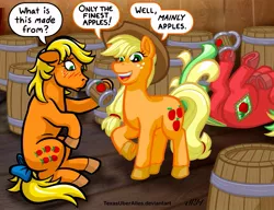 Size: 937x720 | Tagged: safe, artist:texasuberalles, derpibooru import, applejack, applejack (g1), applejack (g3), earth pony, pony, my little pony 'n friends, 35th anniversary, alcohol, applejack's hat, barrel, bow, colored hooves, cowboy hat, dialogue, discworld, drunk, female, freckles, frog (hoof), g1, g1 to g4, g3, g3 to g4, g4, generation leap, generational ponidox, hat, hoof hold, horseshoes, mare, mug, on back, open mouth, raised hoof, speech bubble, tail bow, underhoof