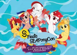 Size: 960x681 | Tagged: safe, derpibooru import, oc, oc:indonisty, oc:kwankao, oc:pearl shine, oc:rosa blossomheart, oc:temmy, ponified, pony, sea pony, project seaponycon, my little pony: the movie, indonesia, nation ponies, philippines, seaponified, singapore, smiling, species swap, water