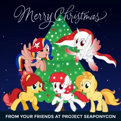 Size: 960x960 | Tagged: safe, derpibooru import, oc, oc:indonisty, oc:kwankao, oc:pearl shine, oc:rosa blossomheart, oc:temmy, ponified, pony, project seaponycon, christmas, christmas tree, holiday, indonesia, nation ponies, philippines, singapore, tree